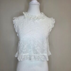 MNG Mango White Eyelet Cotton Embroidered Ruffle Crop Top Button Back Womens S